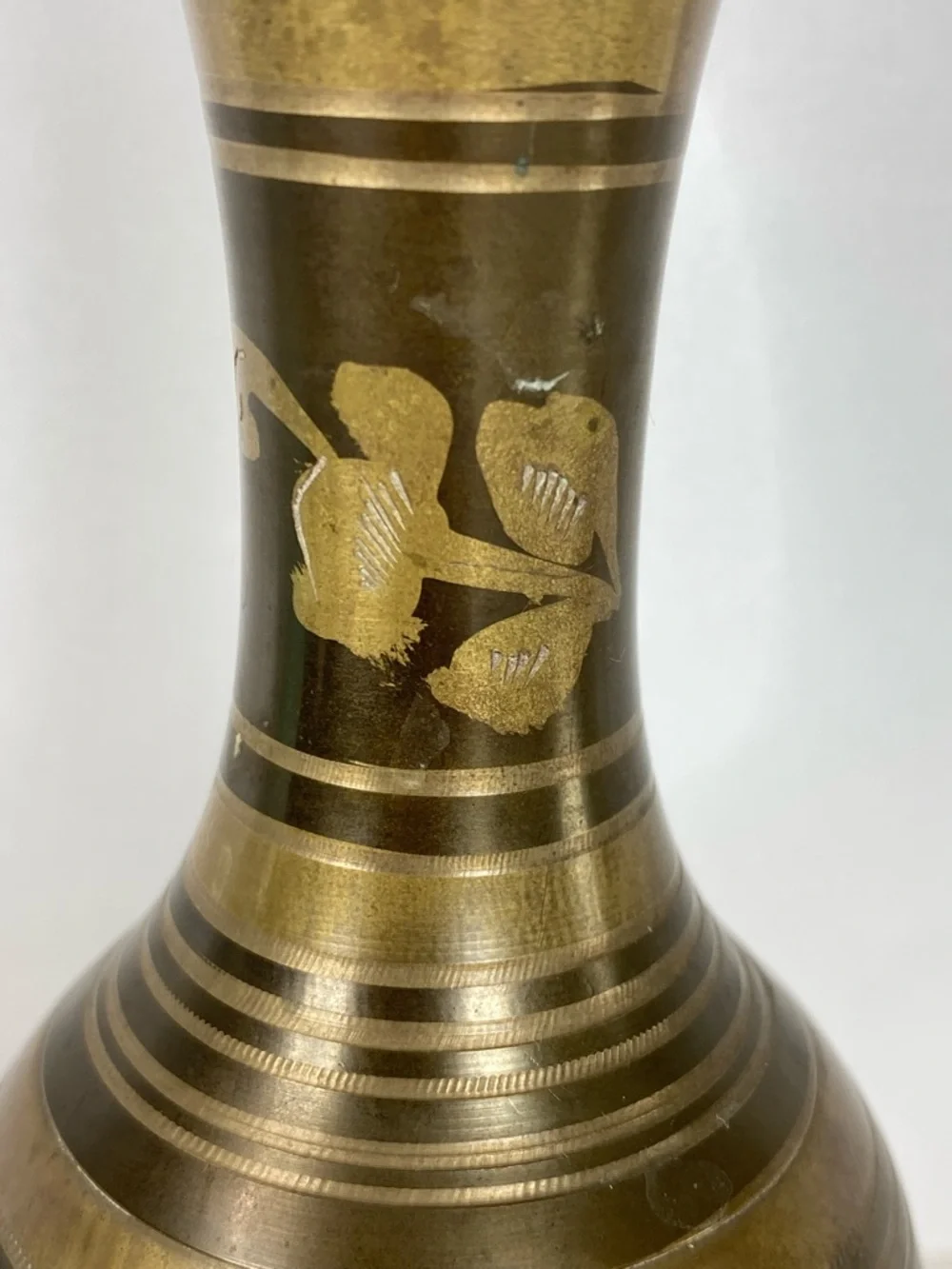 Vintage Brass Vase Etched Floral Made in India Patina Distressed 8”